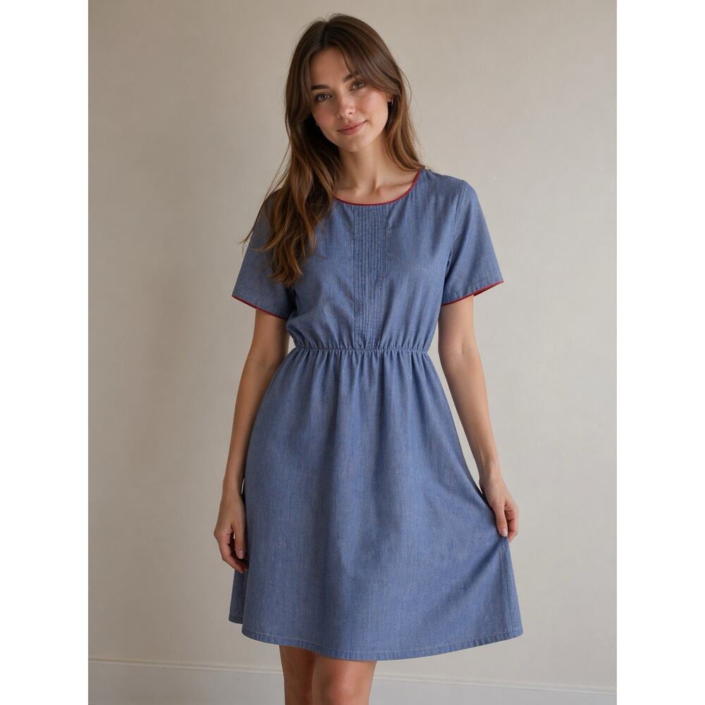 Vintage Sears Chambray Dress Blue Red Trim Cottagecore Midi Womens 14P USA